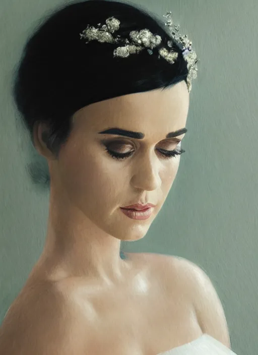 Image similar to cinematic portrait of pregnant katy perry in a white dress, intricate, elegant, by alyssa monks, highly detailed, smooth, sharp focus symmetrical face, fine details, masterpiece, trending on artstation