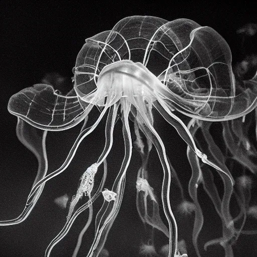 Image similar to bioluminiscent jellyfish, award winning black and white photography