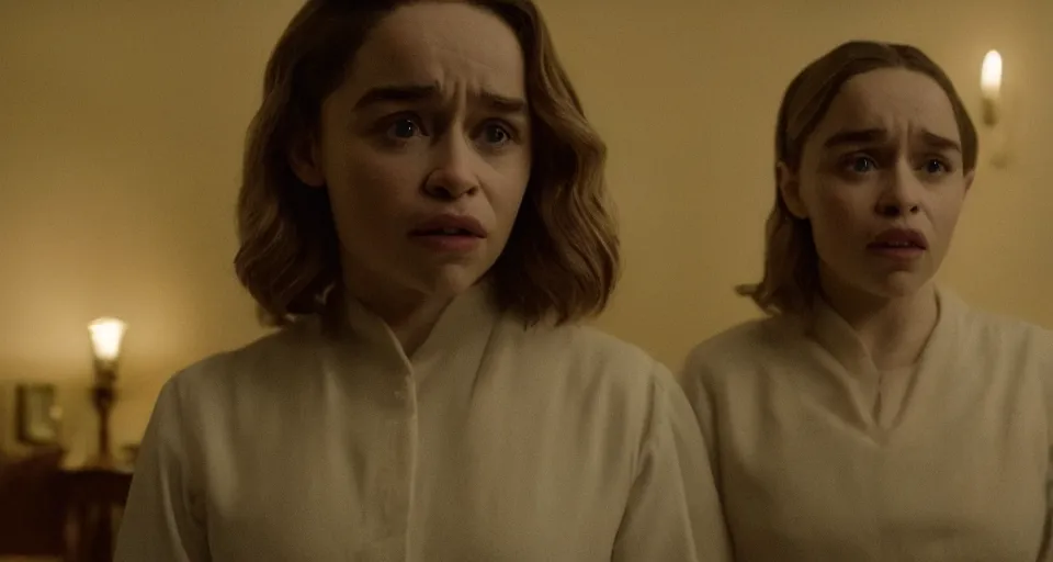 Prompt: Emilia Clarke in Hereditary (2018) high contrast lighting, night scene