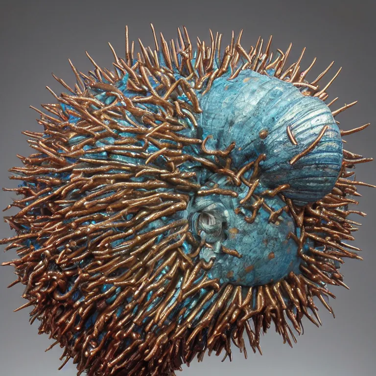 Image similar to hyperrealistic sculpture of a bronze ancient fossilized armored sea urchin snail dusted with opalescent blue and iridescent red spraypaint in a nylon grid cage on a pedestal by ron mueck and duane hanson and lee bontecou, hyperrealistic dramatic colored lighting trending on artstation 8 k