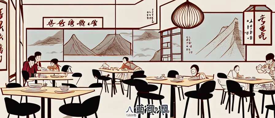 Prompt: a beautiful interior view illustration of a small roasted string hotpot restaurant in yan'an city, corner, restaurant wall paper is tower amd mountain, rectangle white porcelain table, people are eating, black chair, animation illustrative style, from china, simple style structure decoration design, victo ngai, james jean, 4 k hd