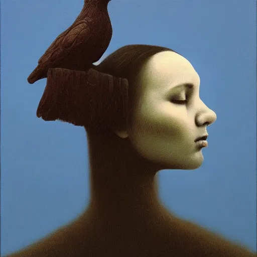 Prompt: young teen female with head of crow , painting by Beksinski