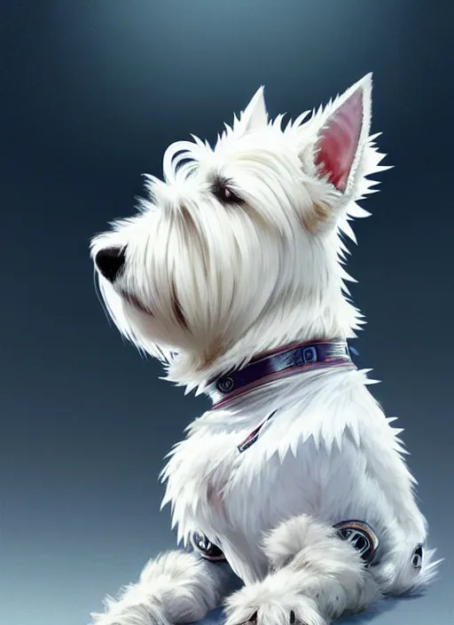 Image similar to a west highland white terrier sitting politely, facing the camera, anime art style, wearing futuristic, led - lit armor, and a cannon mounted on his back, portrait, high detail, sharp focus, digital painting, artstation, concept art, art by hayao miyazaki and artgerm and greg rutkowski and alphonse mucha.