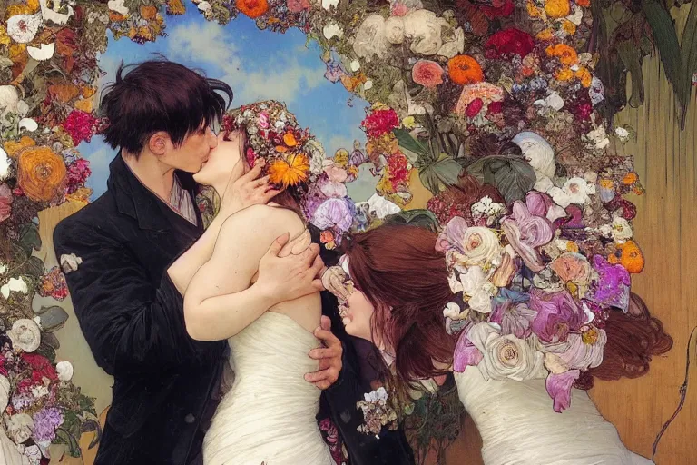 Image similar to the groom kisses the bride at a wedding full of flowers, bright and happy, dreamlike art, highly detail, 4 k realistic, wedding photoy krenz cushart. artem demura. alphonse mucha. yoji shinkawa artgerm. jon lothian. danilo torres. adi meyers. thomas reimann. gaston bussiere.