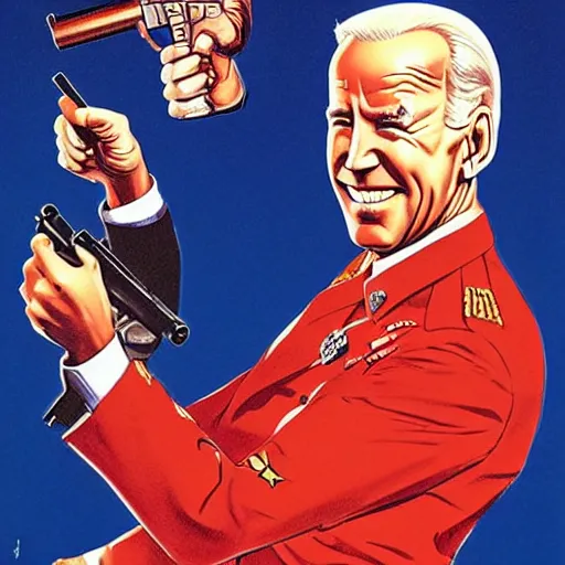Prompt: propaganda poster of joe biden pointing gun directly at camera, by j. c. leyendecker, bosch, lisa frank, jon mcnaughton, and beksinski