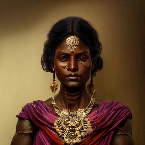 Image similar to portrait painting of a black muscular south indian woman, sari, ultra realistic, concept art, intricate details, eerie, horror, highly detailed, photorealistic, octane render, 8 k, unreal engine. art by artgerm and greg rutkowski and alphonse mucha