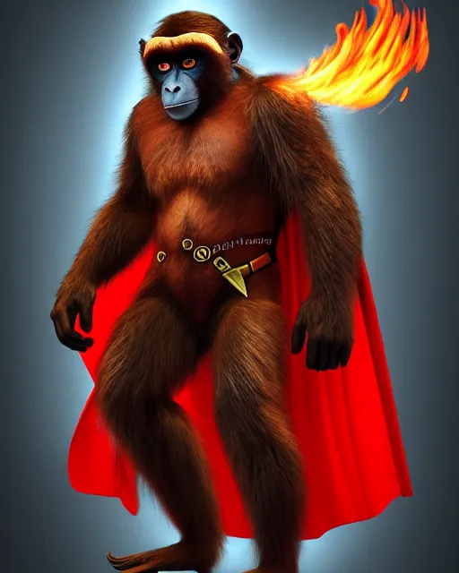 Prompt: fury art, an anthro monkey wearing a large cape and a fantasy armor, fire, fiery background, 3 d, 8 k, extremely detailed, trending on furaffinity, trending on artstation, award winning, sharp focus, illustration