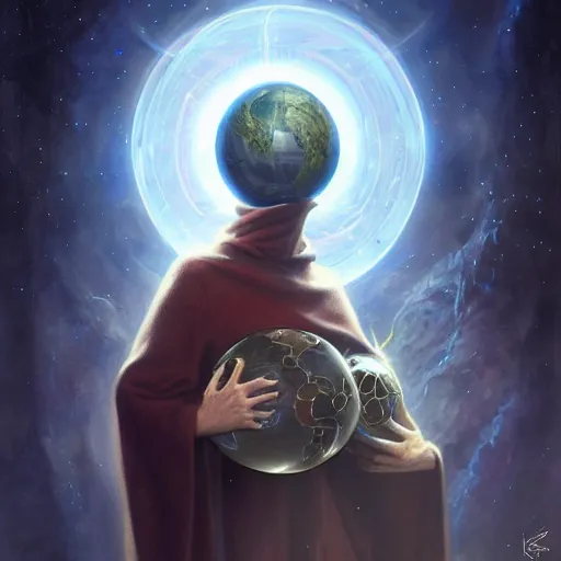 Image similar to creator of worlds wearing a cloak, masked, and holding a holographic planet projection in his hand, detailed, sci - fi, digital painting, artstation, sharp focus, illustration, ominous, artgerm, tomasz alen kopera, peter mohrbacher, donato giancola, joseph christian leyendecker, wlop, frank frazetta