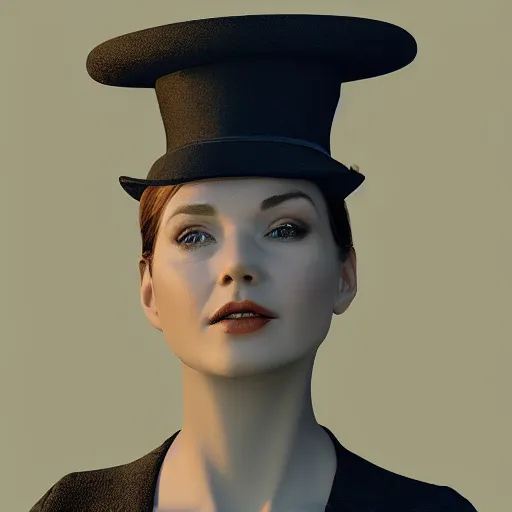 Prompt: portrait of a woman wearing a bowler hat, digital art, realistic lighting and shadows, subsurface scattering.