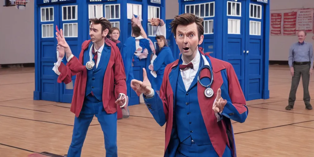 Image similar to promotional image of David Tennant as Doctor Who at a polka dancing contest at the YMCA basketball gym, everyone in the background all the enemies are clapping, in the background the Tardis door is wide open, movie still, promotional image, imax 70 mm footage, HDR, cinematic