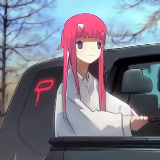 Image similar to zero two from darling in the franxx driving a dodge ram