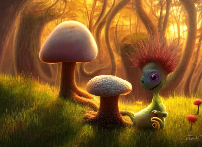 Image similar to a cute dr seuss creature sitting next to a mushroom, golden hour, fantasy, sharp focus, digital art, hyper realistic, 4 k, unreal engine, highly detailed, hd, dramatic lighting by brom, trending on artstation