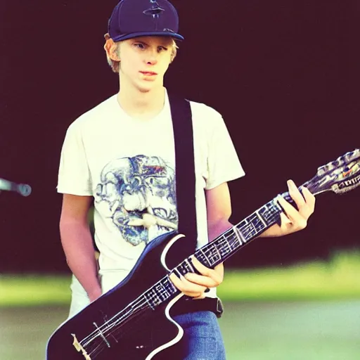 Image similar to 19-year-old white boy wearing backwards baseball cap, baggy jeans, playing 7-string guitar, nü metal concert, rap metal, alternative metal, 1999 photograph
