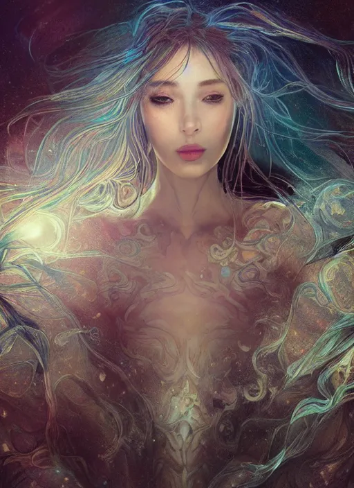 Image similar to an underwater photographic portrait of a woman created out of starlight and smoke, cinematic, volumetric lighting, beautiful fantasy, intricate, elegant, highly detailed, digital painting, artstation, concept art, smooth, sharp focus, illustration, art by ayami kojima, artgerm and h r giger and alphonse mucha