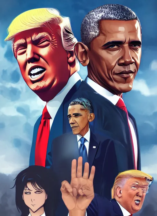 Image similar to barack obama vs donald trump manga cover art, detailed color portrait, artstation trending, 8 k, greg rutkowski,