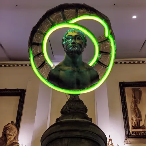 Image similar to a giant neon ring surrounding a renaissance statue head