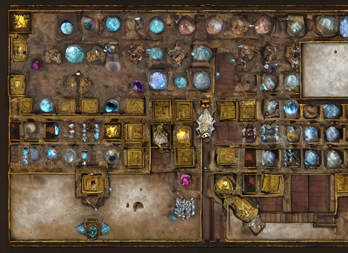 Prompt: a dwarven treasure room containing large multifaceted jewels, war hammers, and dwarven mining equipment