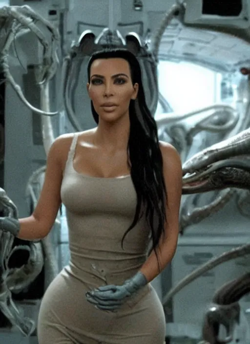 Prompt: movie still full pov of kim kardashian wearing a alien facehugger mask, in the movie alien. cinematic full shot.