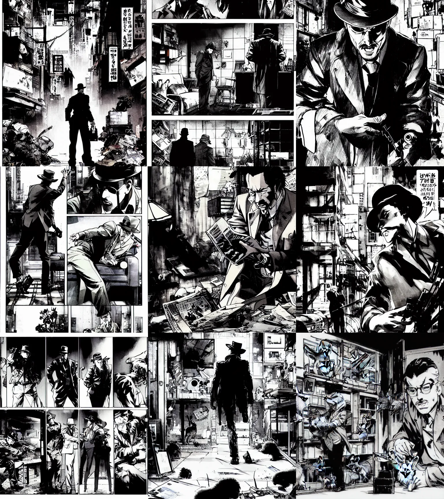 Prompt: a scene of private investigator discovering 1 million rabbits living in the victims basement, film noir, black and white, comic book art, by yoji shinkawa and takehiko inoue and kim jung gi, masterpiece, perfect