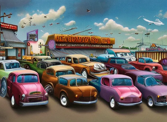 Image similar to car lot, lowbrow, matte painting, 3 - d highly detailed, in the style of mark ryden,