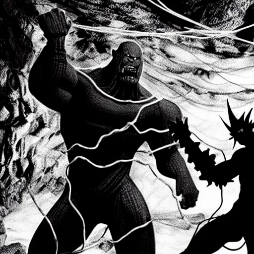 Image similar to black and white thanos fight with the thanos in a cave, by tsutomu nihei, black and white, old cave with slime and wires blur background, cinematic, perspective, realistic