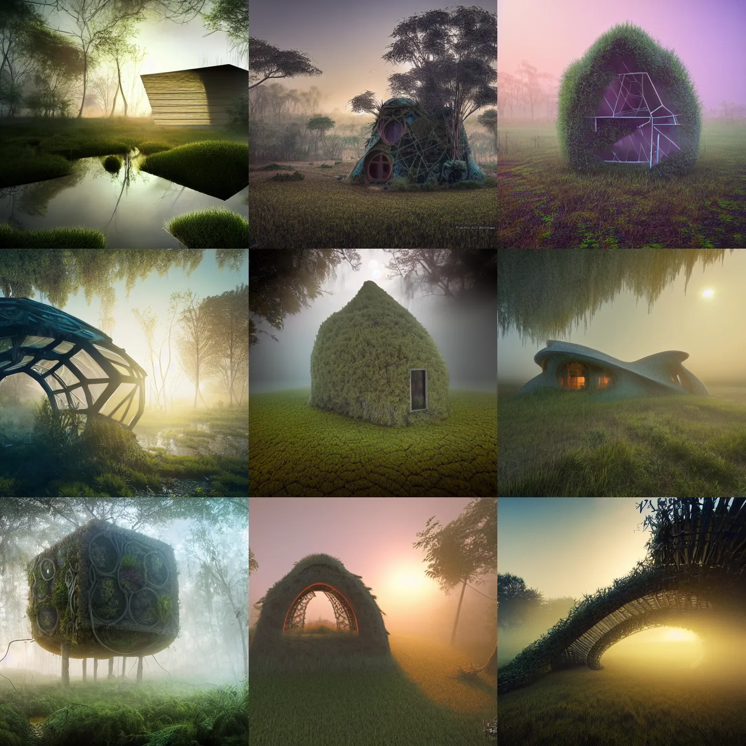 Prompt: a organic house structure made of strange plants, located in a swamp at sunrise, (mist), ultra wide angle, moebius, chillwave, futuresynth, door, windows