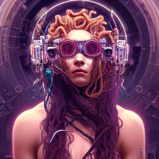 Image similar to portrait of Medusa with vr headset, cyberpunk, thick cables on the head, futuristic hi-tech details, ominous, intricate, art by anthony macbain + greg rutkowski + alphonse mucha, concept art, 4k, sharp focus, cinematic unreal engine