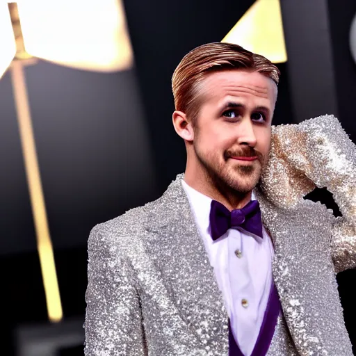 Image similar to Ryan Gosling with silver-violet hair, white eyes and golden glittery dress, wide lens, diorama, 4k,