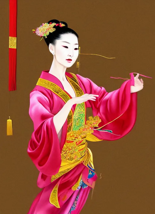 Image similar to full portrait of a chinese dancer doing a silk ribbon dance, feet, barefoot, lean, vivacious, extremely beautiful, elaborate gold jewelry, hanfu, traditional chinese clothes, silk ribbons, colorful ribbons, ming dynasty, detailed, realistic face, anatomically accurate, modern fantasy art.