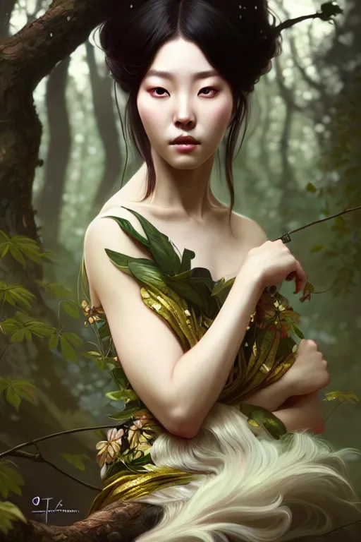 Image similar to beautiful digital painting of a hoyeon jung as a stylish female forest with high detail, 8 k, stunning detail, works by artgerm, greg rutkowski and alphonse mucha, unreal engine 5, 4 k uhd