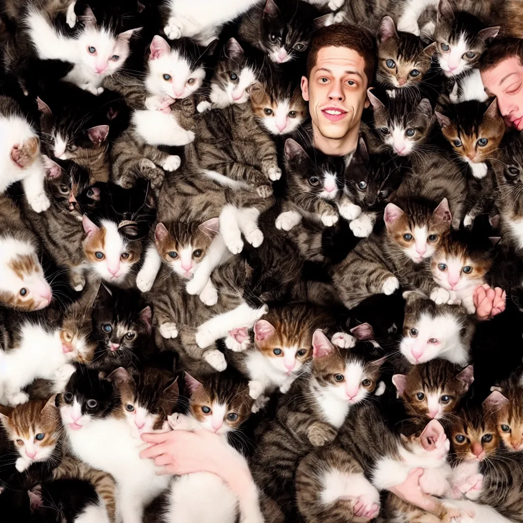 Image similar to pete davidson being tackled by hundreds of cats kittens kitties