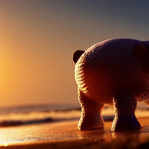 Image similar to a closeup photorealistic photograph of a cute smiling knitted tiger hippopotamus chasing a beachball at sunset. surf in the background. professional capture. this 4 k hd image is trending on artstation, featured on behance, well - rendered, extra crisp, features intricate detail, epic composition and the style of unreal engine.