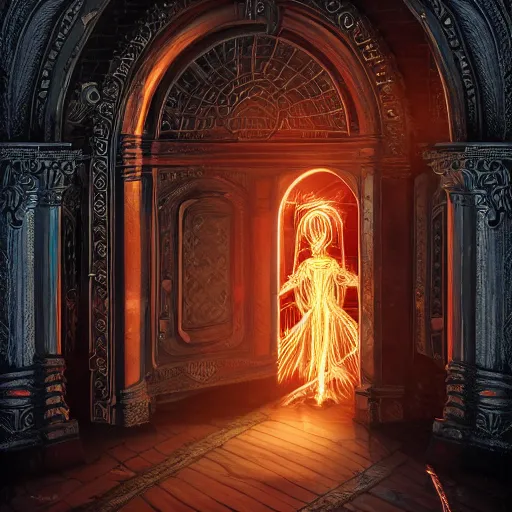 Image similar to an intricate and detailled render of the last gatekeeper, standing in front of the door of time glowing from it's magic plasma, by tivadar csontvary kosztka,, trending on art station, + soft illumination, intricate detail, highly detailed, atmospheric, hades, rendered in octane, slav epic