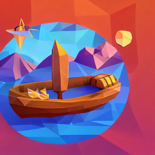 Image similar to boat in the dessert filled with gems, game concept, low poly, isometric