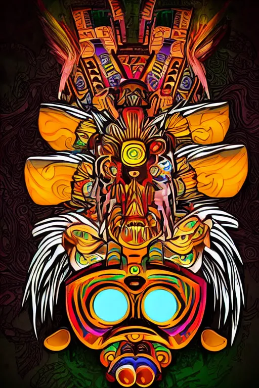 Image similar to totem animal tribal chaman vodoo mask feather gemstone plant video game illustration vivid colorful borderlands and by feng zhu radiating a glowing aura