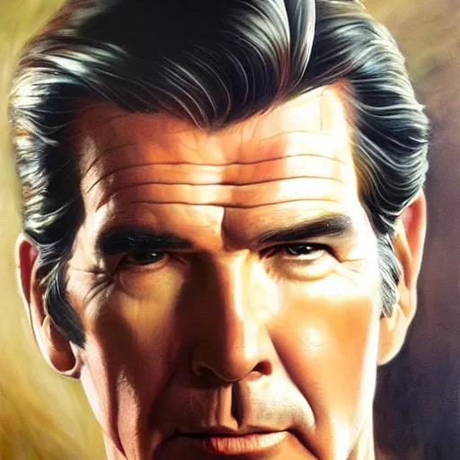 Image similar to ultra realistic portrait painting of pierce brosnan, art by frank frazetta, 4 k, ultra realistic, highly detailed, epic lighting