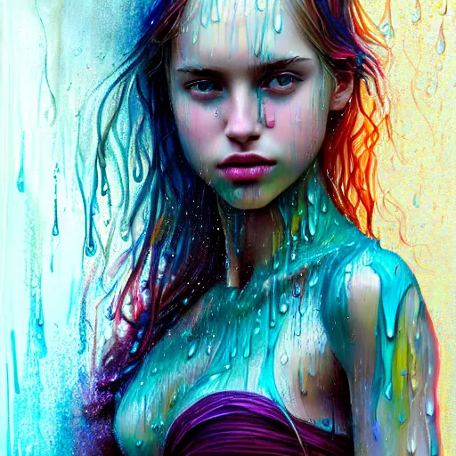 Image similar to portrait of a girl in the colorful rain with wet hair and face, fantasy, intricate, elegant, dramatic lighting, emotionally evoking symbolic metaphor, highly detailed, lifelike, photorealistic, digital painting, artstation, concept art, smooth, sharp focus, illustration, art by John Collier and Albert Aublet and Krenz Cushart and Artem Demura and Alphonse Mucha