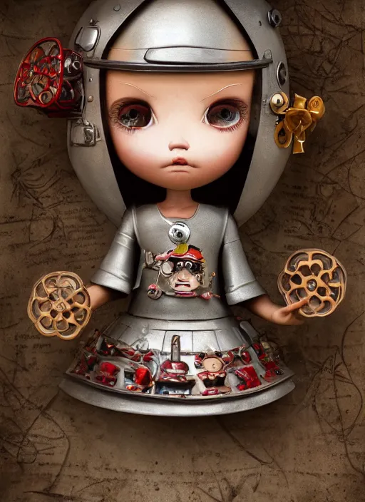 Image similar to closeup portrait of tin toy ninja girl trap, depth of field, zeiss lens, detailed, symmetrical, centered, fashion photoshoot, by nicoletta ceccoli, mark ryden, lostfish, breathtaking, 8 k resolution, extremely detailed, beautiful, establishing shot, artistic, hyperrealistic, octane render