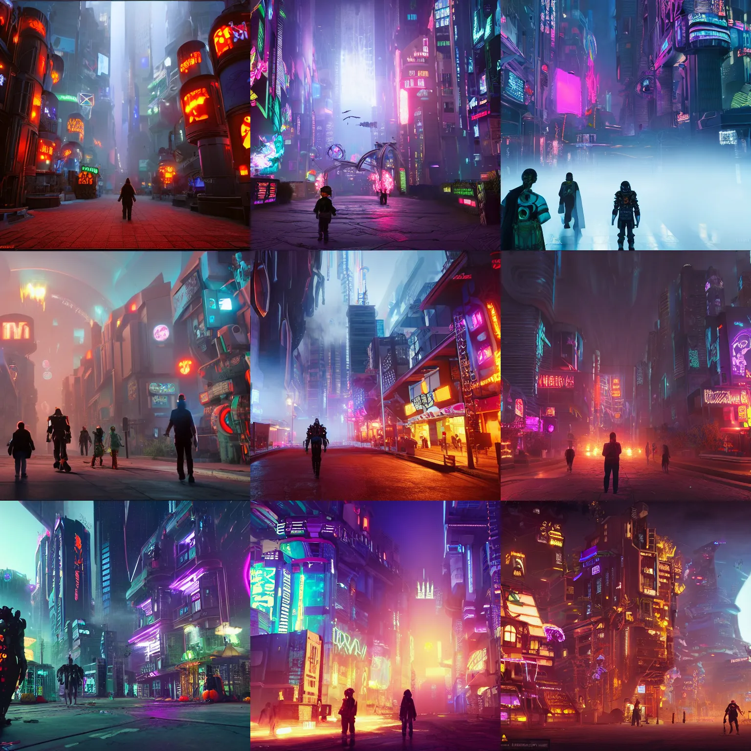 Prompt: cyberpunk halloweentown with halloween houses, dense, kids in costumes walking, in the year 3 0 0 0, very high details, volumetric fog, raytracing, back light, raymarching, by ilm, by digital domain, by weta digital