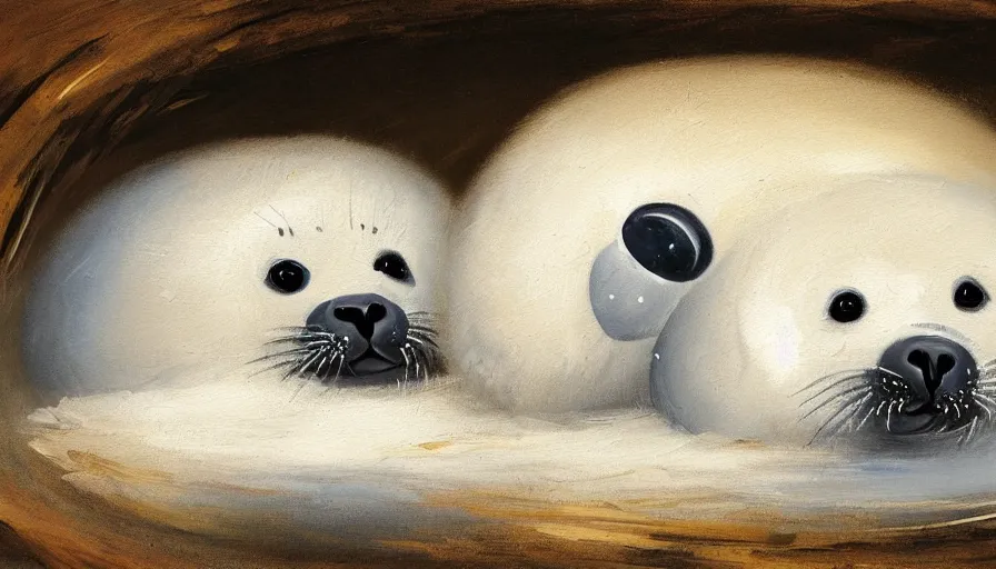 Image similar to highly detailed painting of cute furry white baby seals cuddled up in an igloo by william turner, thick brush strokes and visible paint layers, 4 k resolution, blue and white colour scheme