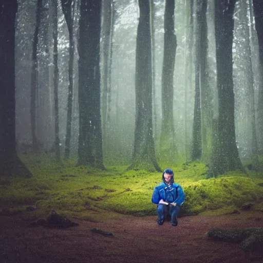 Image similar to photograph of an astronaut sitting inside a small wooden hut, heavy rain, alien planet, portrait picture, trees, forest, ferns, moss, wet, astronaut is relaxing