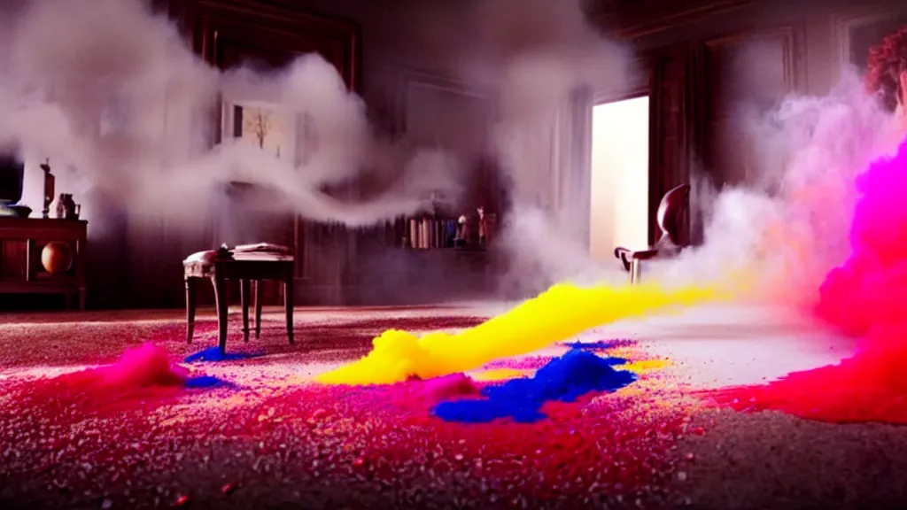 Image similar to colored powder explosion in the living room, film still from the movie directed by Denis Villeneuve with art direction by Salvador Dalí, wide lens