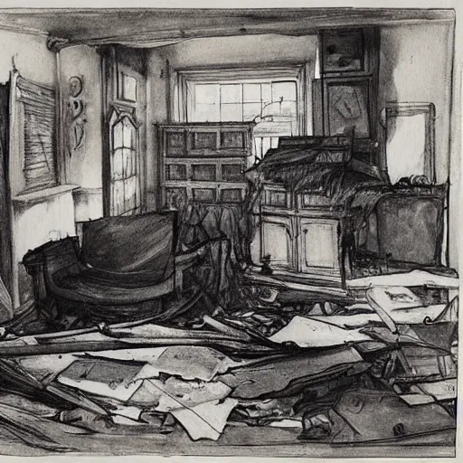 Image similar to dignified, decorative by anders zorn ink drawing, illuminated manuscript. a painting of a room that is wrecked, furniture overturned, belongings strewn about, & debris everywhere. the only thing left intact is a photograph on the wall shows a tidy, well - appointed space, with everything in its place.