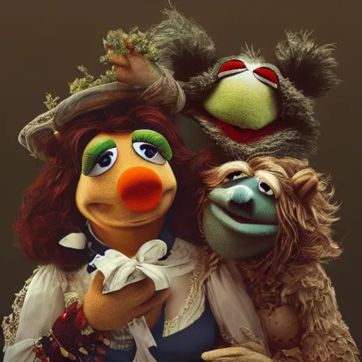 Prompt: muppets by francisco goya, au naturel, hyper detailed, digital art, trending in artstation, cinematic lighting, studio quality, smooth render, unreal engine 5 rendered, octane rendered, art style by klimt and nixeu and ian sprigger and wlop and krenz cushart