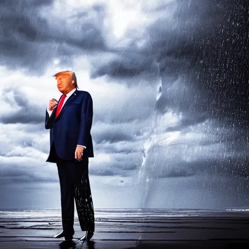 Image similar to 4 k hdr full body wide angle sony portrait of donald trump in a showering rainstorm with moody stormy overcast lighting