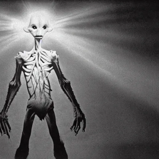 Prompt: a hyper detailed filmic realistic atmospheric full body backlit establashing wide shot semi symmetrical film 30mm color photograph of the alien organism creature with multiple human limbs and grotesque distorted human face mutating from The Thing 1982 in the style of John Carpenter horror movie