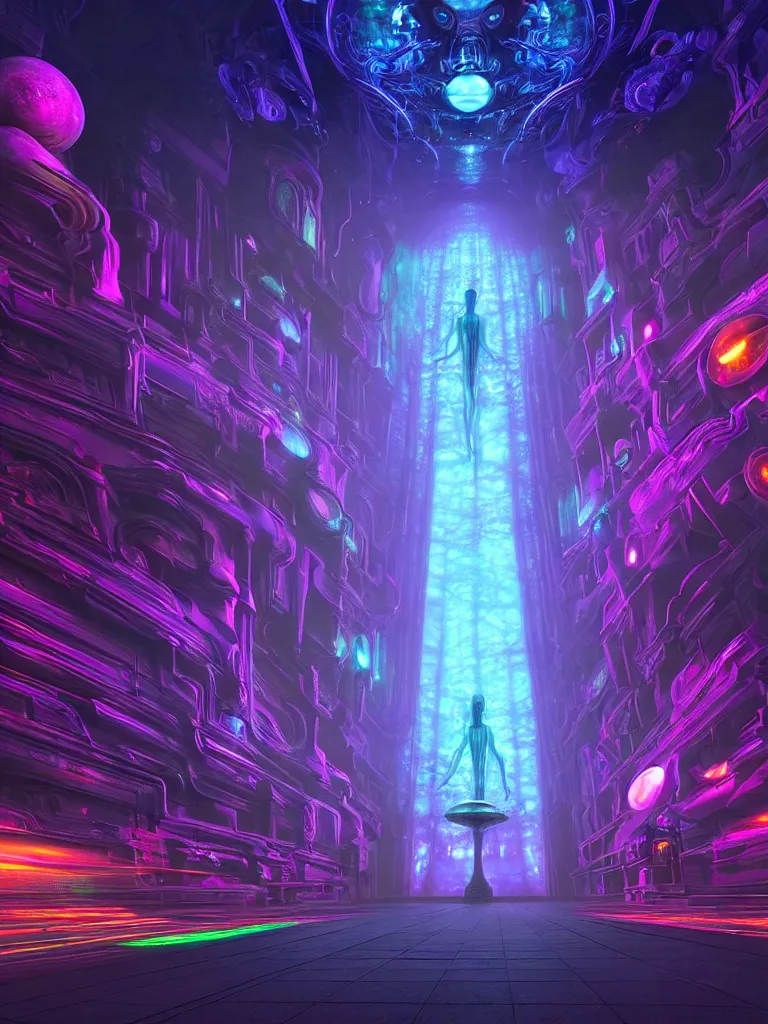 Image similar to entrance to matrix ethereal realm, shiva sentient, rendered in unreal engine, central composition, symmetrical composition, dreamy colorful cyberpunk colors, 6 point perspective, fantasy landscape with anthropomorphic terrain in the styles of igor morski, jim warren and rob gonsalves, intricate, hyperrealistic, volumetric lighting, neon ambiance, distinct horizon