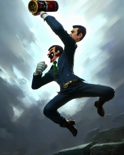Image similar to gigachad luigi fighting like one punch man in a suit holding a beer can, fantasy character portrait, ultra realistic, full body concept art, intricate details, highly detailed by greg rutkowski, ilya kuvshinov, gaston bussiere, craig mullins, simon bisley