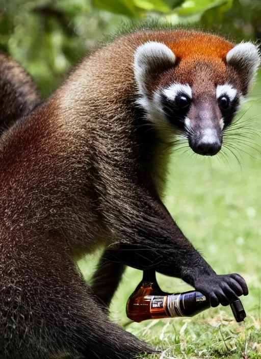 Prompt: coati drinking a whisky bare hands