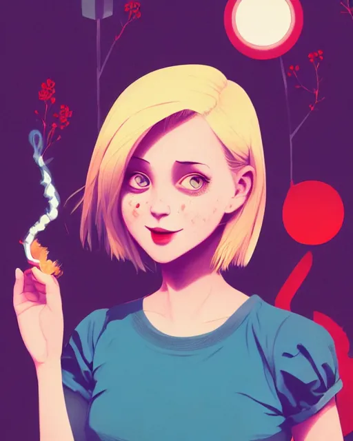 Image similar to digital illustration of pretty girl with short blonde hair hair, from alice in wonderland, smoking, happy eyes, smiling, in a wonderland forest, in junkyard at night, by ilya kuvshinov, lois van baarle, rossdraws, basquiat